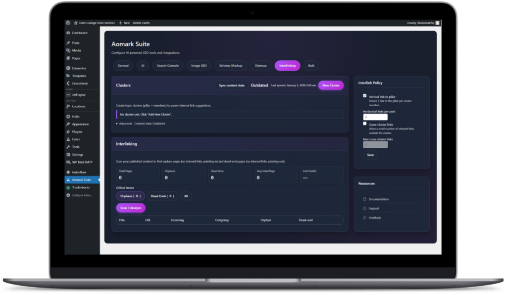 Aomark Suite dashboard displaying clusters and interlinking settings on a laptop screen.