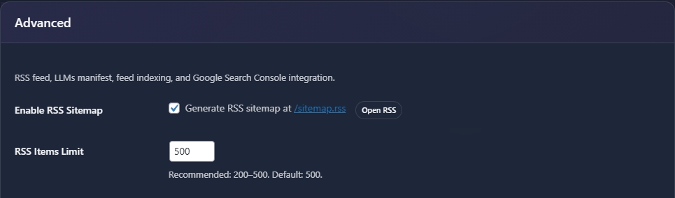 Advanced settings panel showing RSS sitemap enabled and limit 500