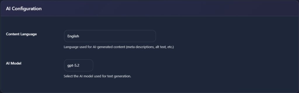 AI Configuration panel showing English content language and gpt-5.2 model