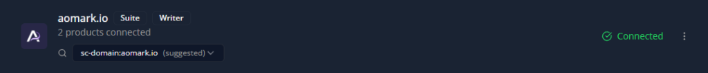 Aomark.io dashboard showing connected status and domain dropdown