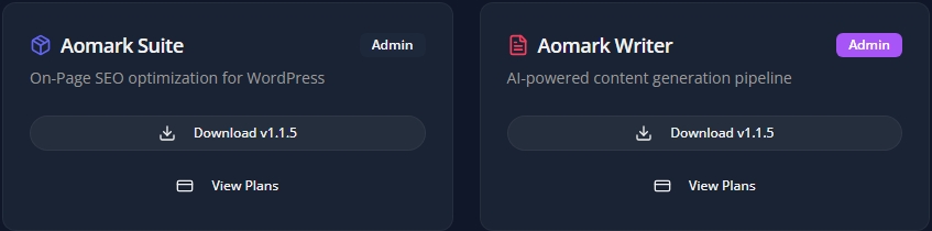 Aomark Suite and Aomark Writer admin cards with download buttons