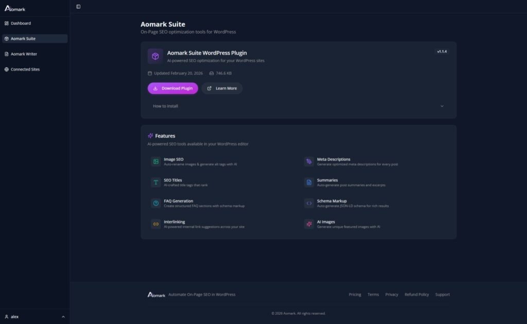 Aomark Suite WordPress plugin dashboard with Download Plugin button