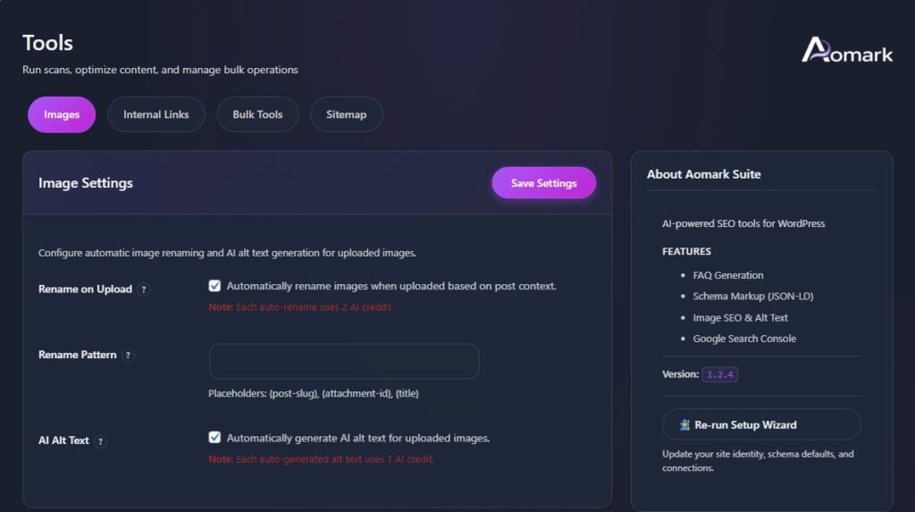 Aomark Suite Tools page showing Image Settings options