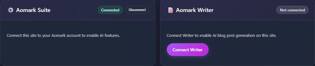 Aomark Suite connected, Aomark Writer not connected, Connect Writer button