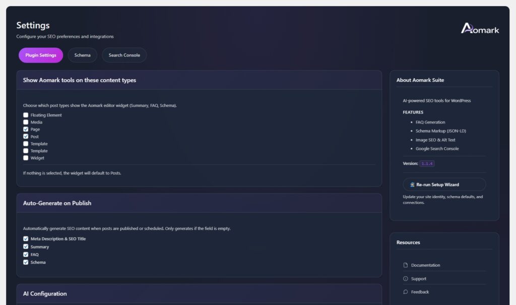 Aomark settings dashboard with plugin options and checkboxes