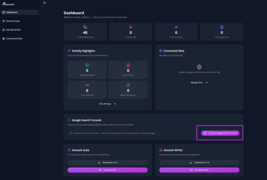 Aomark dashboard showing Connect Google Search Console button highlighted