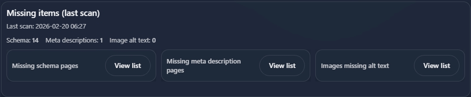 Missing items dashboard showing schema and meta description counts