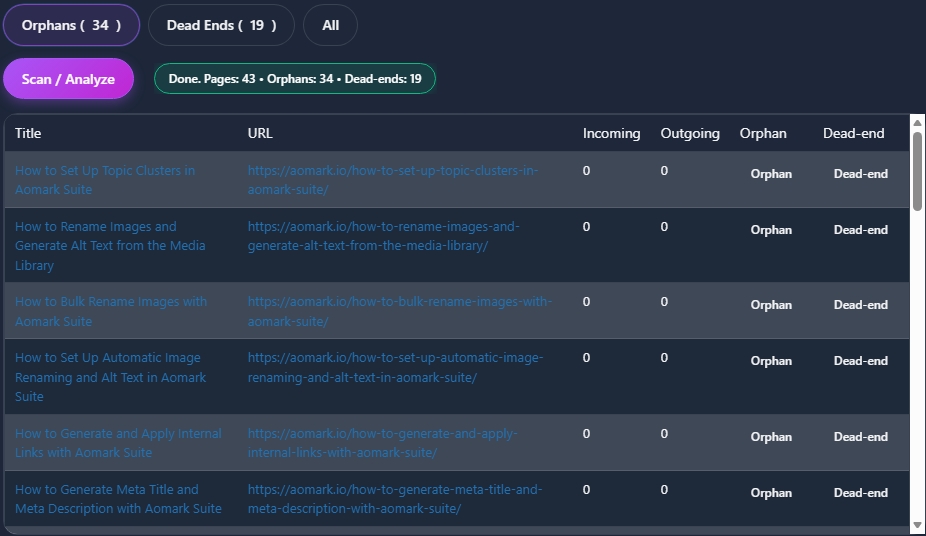 Dashboard table listing orphan and dead-end pages with URLs