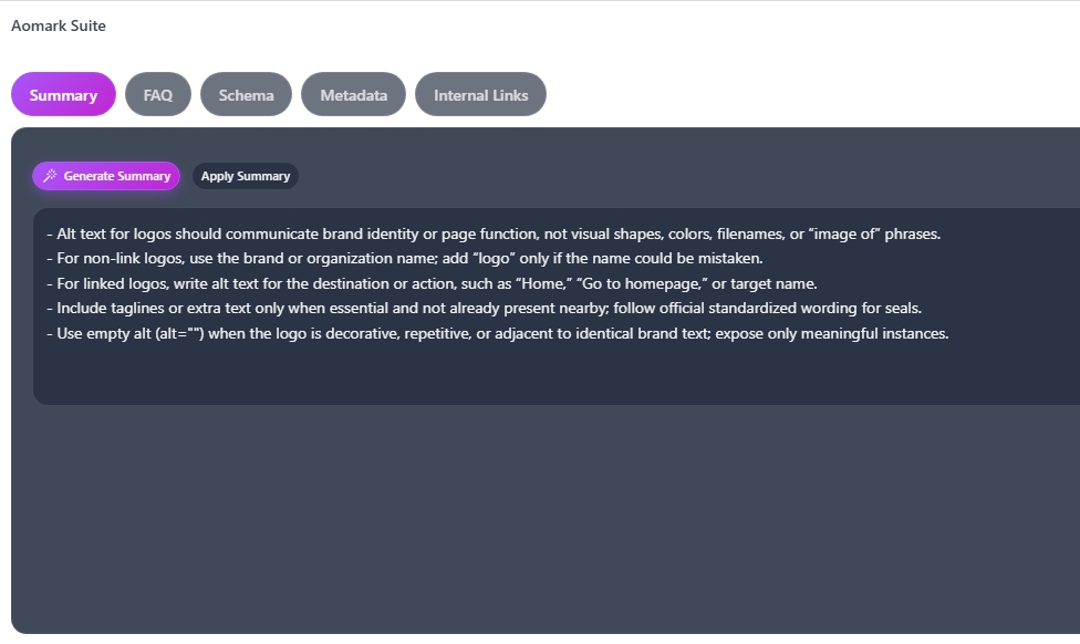 Aomark Suite Summary tab with Generate Summary button