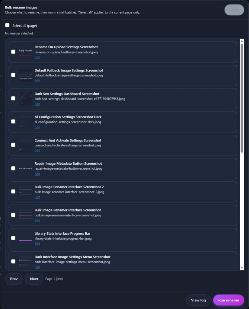 Bulk rename images dialog with file list and checkboxes