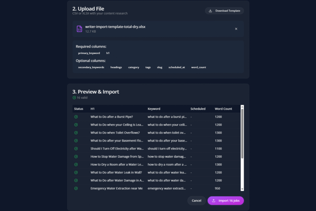 File upload and preview table with Import 16 jobs button