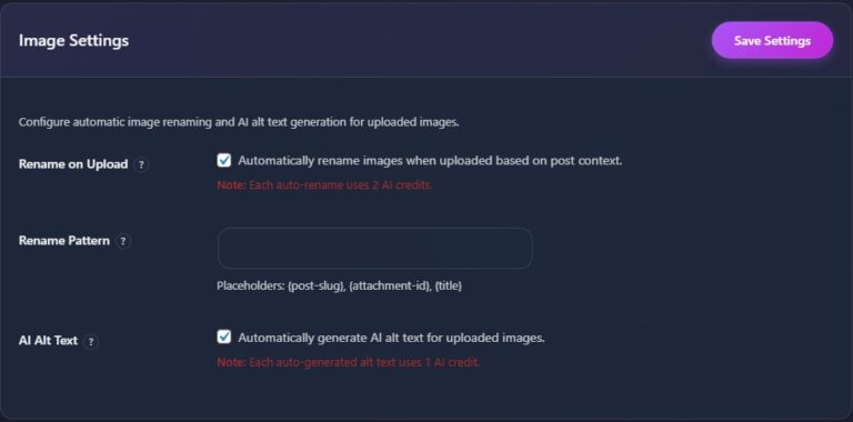 Image settings screen with rename pattern field and toggles