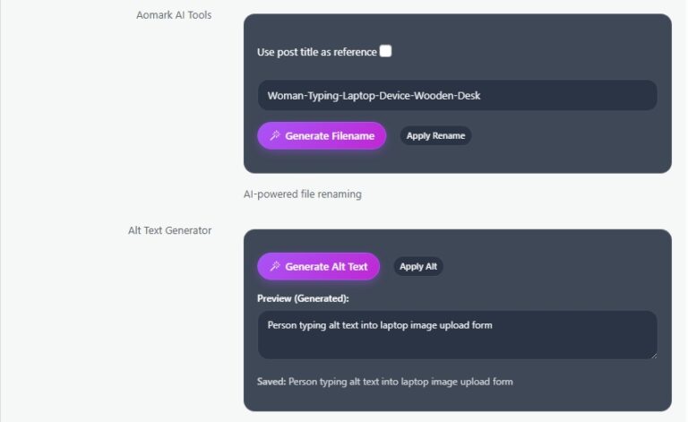 AI tools interface showing Generate Filename and Generate Alt Text buttons