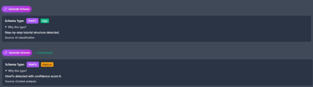 Schema generator interface showing HowTo type with confidence labels