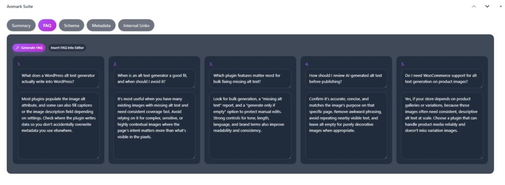 Aomark Suite FAQ tab showing five question cards in dark mode
