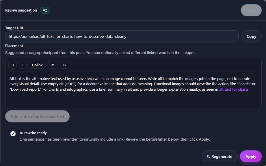 Internal link suggestion editor showing target URL and snippet