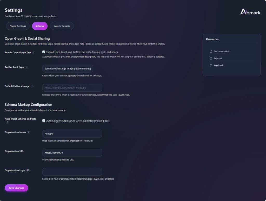 Dark settings dashboard showing Open Graph and schema options