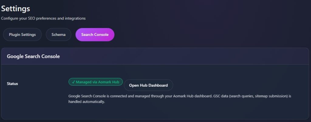 Settings page showing Google Search Console connection status and dashboard link