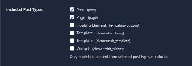 Included Post Types settings with checked Post and Page boxes