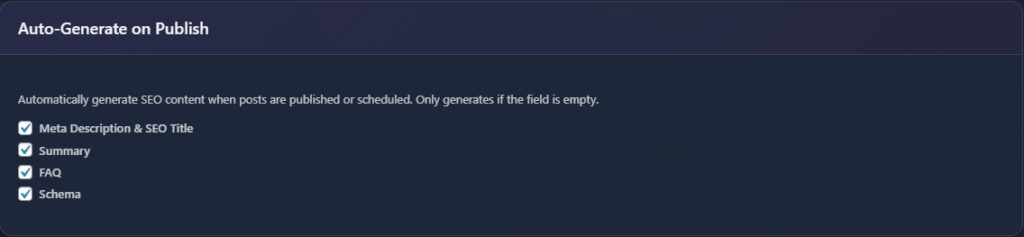 Auto-Generate on Publish settings panel with four checked options
