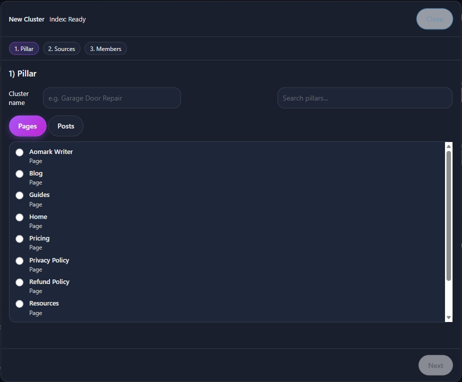 Topic cluster setup screen showing list of pages to select