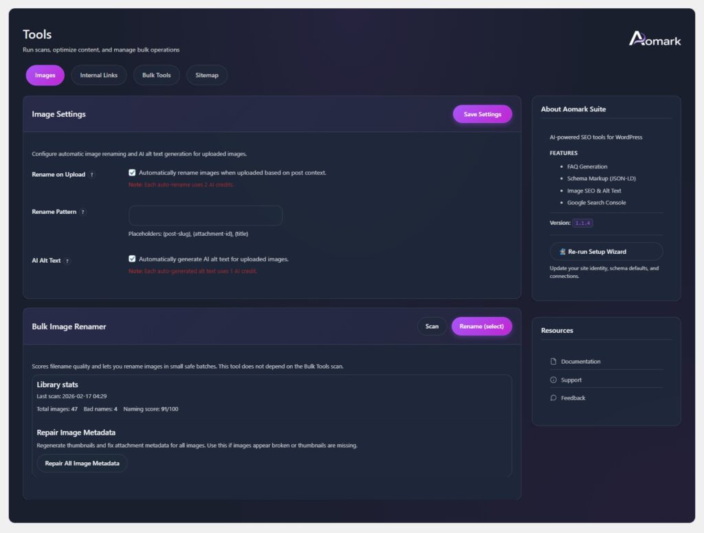 Dark tools dashboard showing image settings and bulk renamer