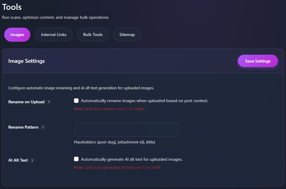 Tools interface showing Image Settings with rename and AI alt text options