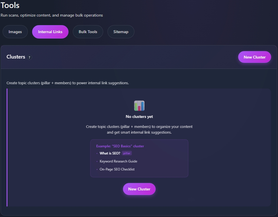 Internal Links tab showing Clusters page with New Cluster button