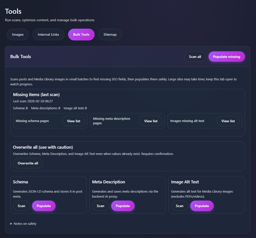 Bulk Tools dashboard showing missing items and populate buttons