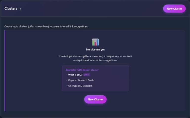 Clusters page showing “No clusters yet” and New Cluster button