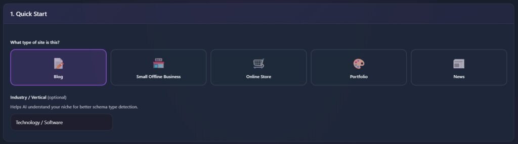 Quick Start screen with site type options and industry field