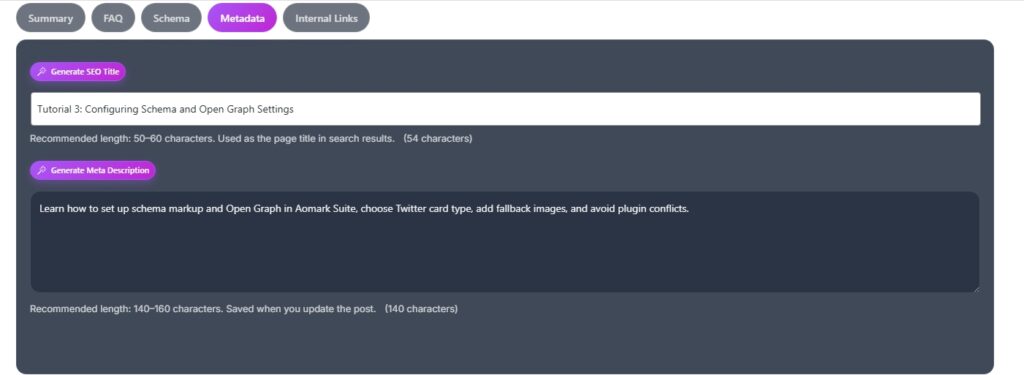 Metadata settings tab with SEO title and description fields