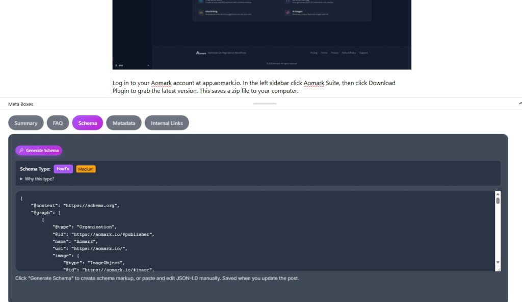 Schema editor tab showing JSON-LD code and Generate Schema button