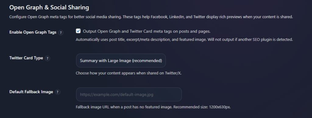 Open Graph and social sharing settings with Twitter card options