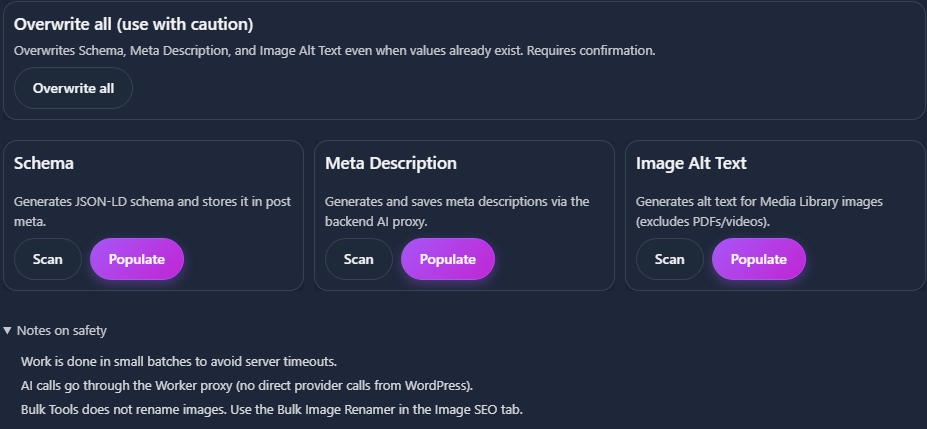 Bulk tools panel with Schema, Meta Description, Image Alt Text buttons