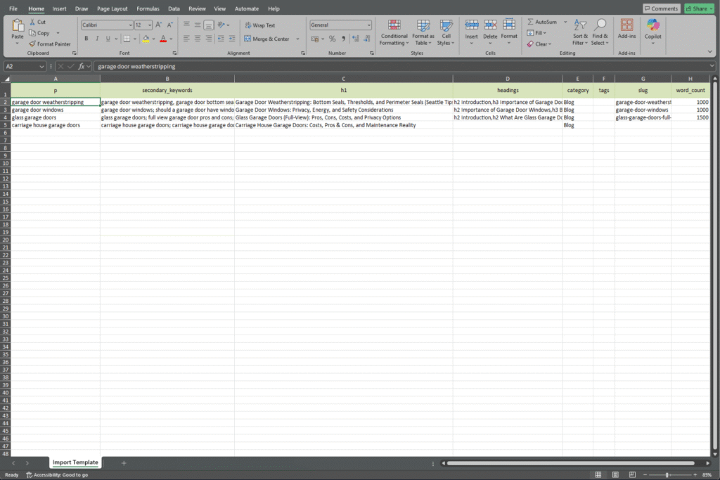 Excel spreadsheet showing keywords, headings, tags, and word count