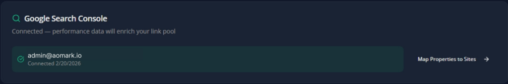 Google Search Console connected status showing admin@aomark.io account