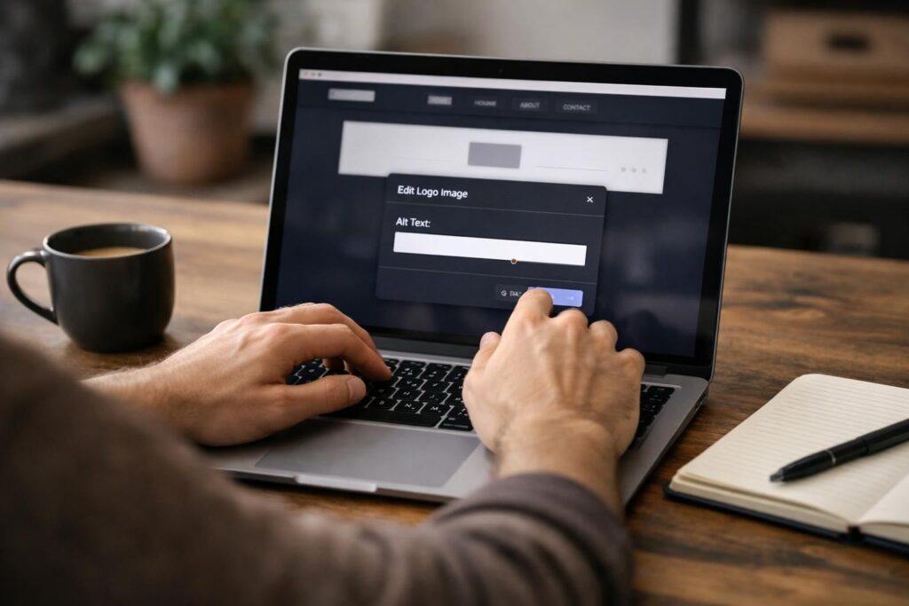 Hands editing logo alt text field on laptop screen
