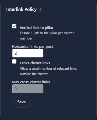 Interlink Policy settings panel with checkboxes and Save button