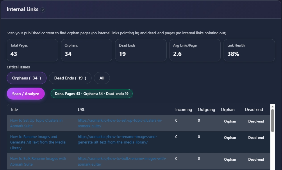 Internal Links dashboard showing totals, link health, and orphan pages list