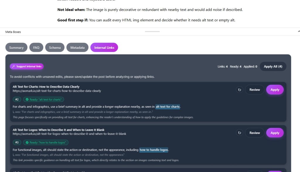 Internal Links tab showing suggested links with Apply buttons