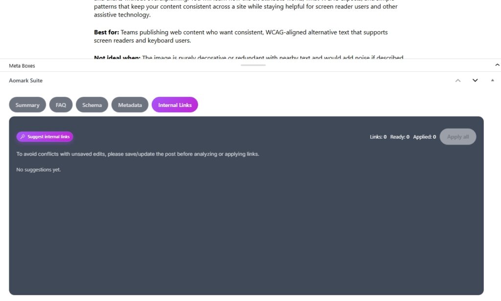 Aomark Suite Internal Links tab with Suggest internal links button