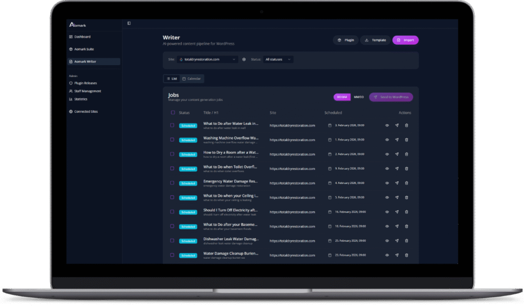 Laptop displaying Writer dashboard with scheduled content jobs list