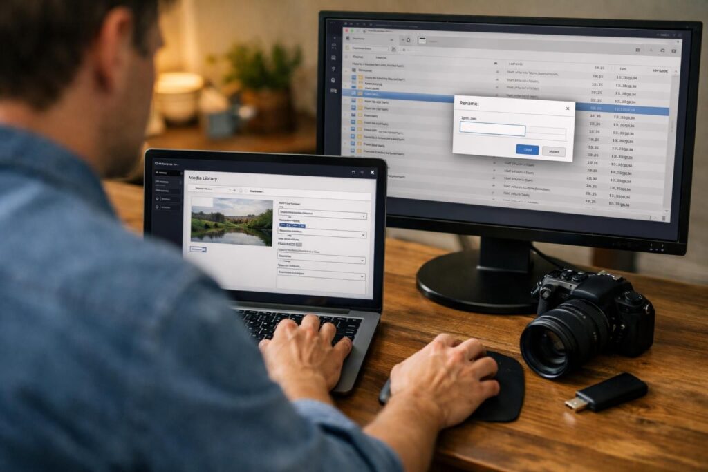 Person renaming file on computer screen beside laptop