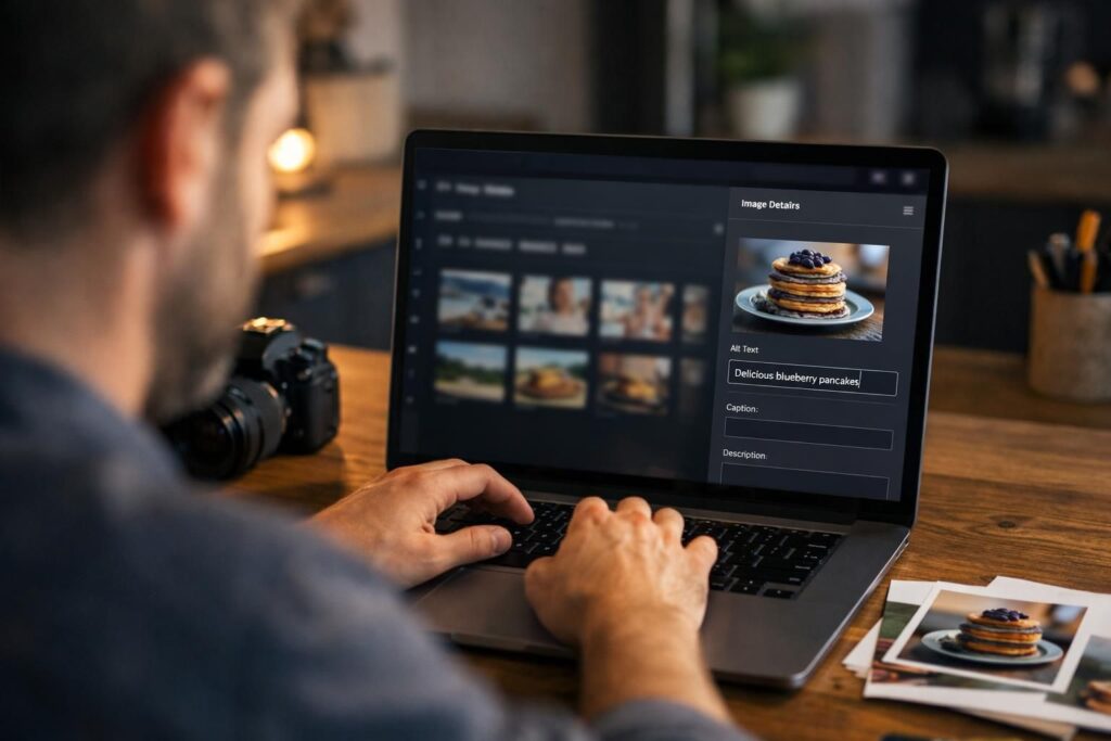 Person typing alt text for pancake photo on laptop