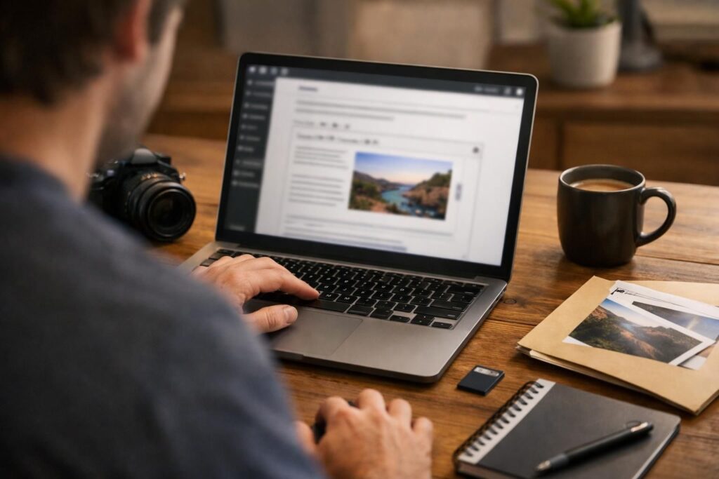 Person editing webpage on laptop at wooden desk