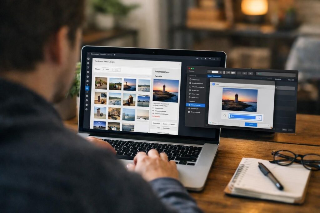 Person using laptop with WordPress media library open