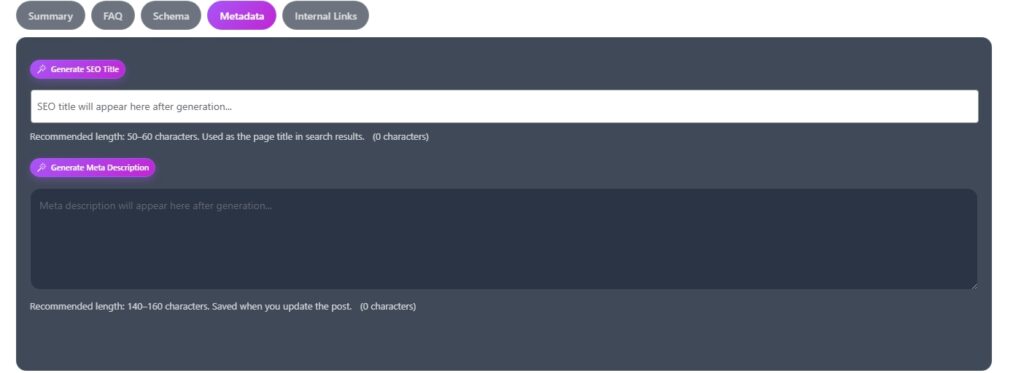 Metadata tab showing SEO title and meta description fields