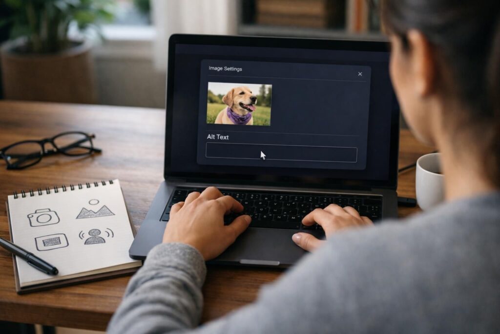 Person typing on laptop with alt text field open