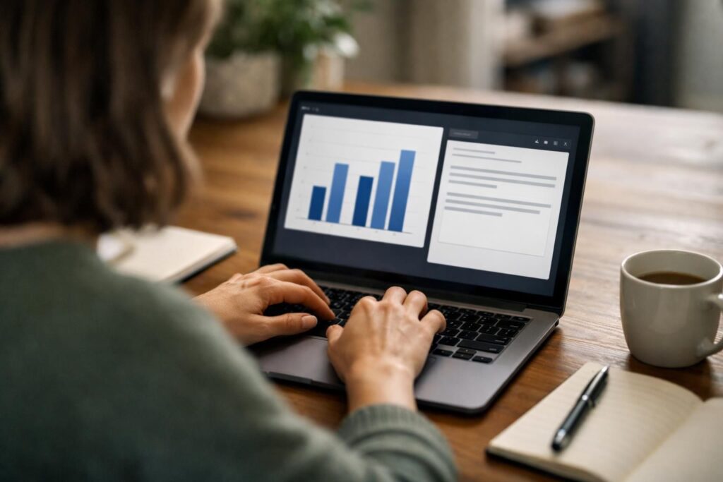 Person typing on laptop showing blue bar chart